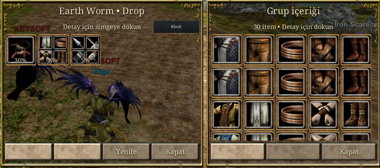Gerçek oyun ekranı · Mob ve grup drop inceleme