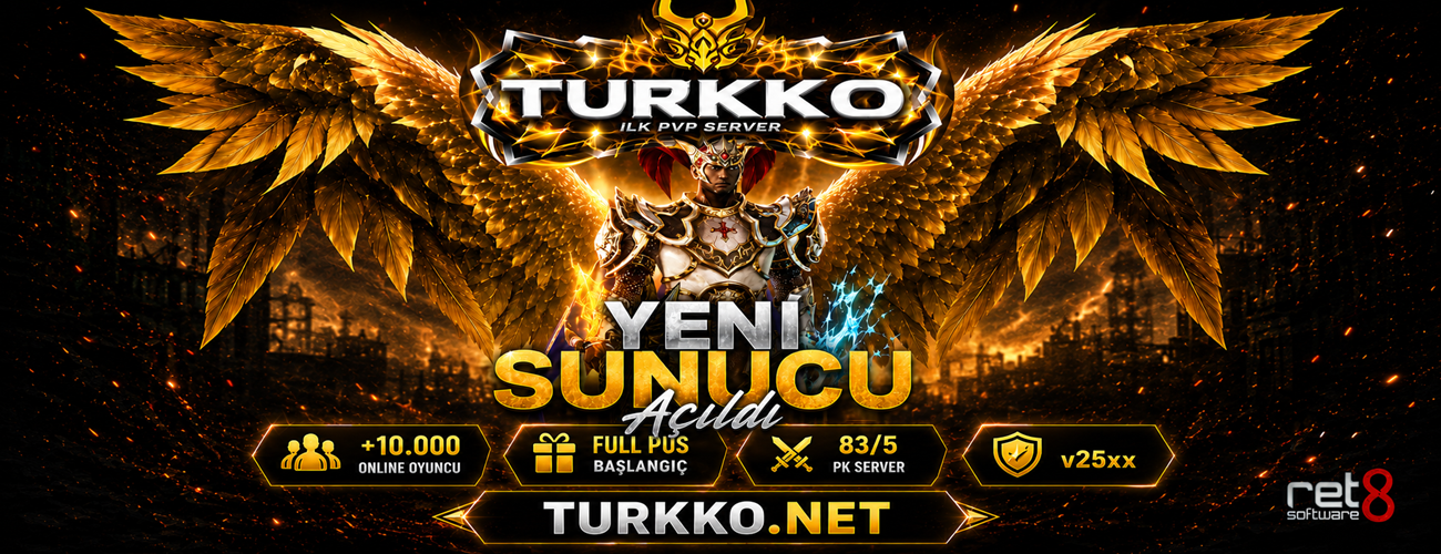 şunu diyen bir yazı 'TURKKO ER RVE 十 ILKPVPSERVER ILK PVP SE o YENIA EN SUNUCU SUNI Acuai SUNUCU CU +10.000 FULL FULLPUS PUS 83/5 ON INE OYUNCU BAŞLANGIÇ PK SERVER TURKKO.NET v25xx v25xx Softı soft et8' görseli olabilir