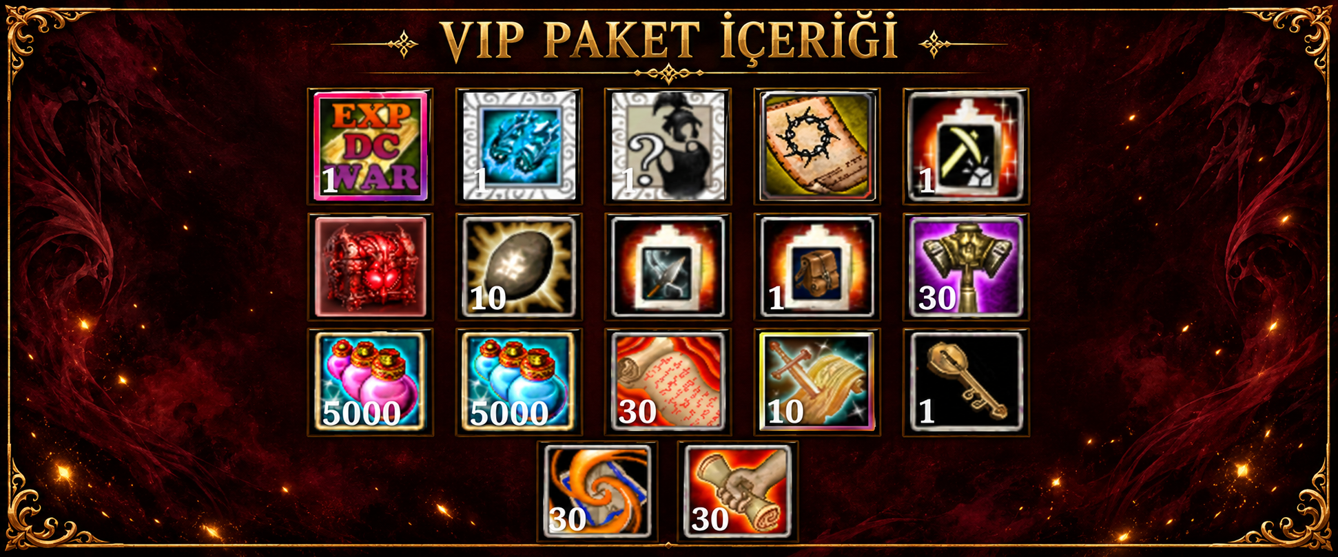 VIP paketindeki 17 eşyanın görselleri